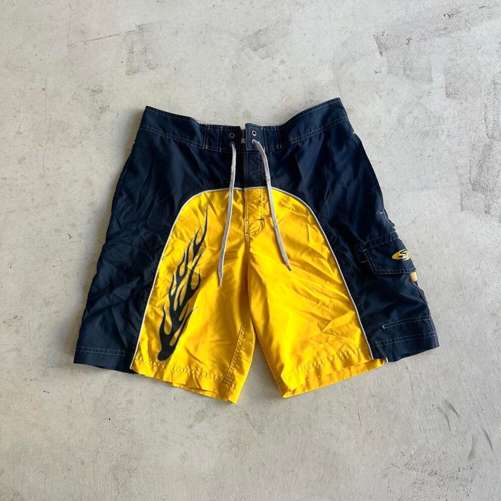 Vintage No Boundaries Y2K Board Shorts with Flame Graphic